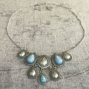New Antique Silver Turquoise Stone Aztec Teardrop 19” Boho Statement Necklace